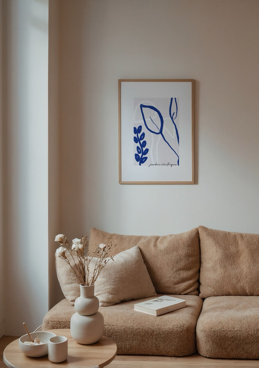 Electric Garden Serenity Art Print featuring bold blue botanical shapes on a soft background.
