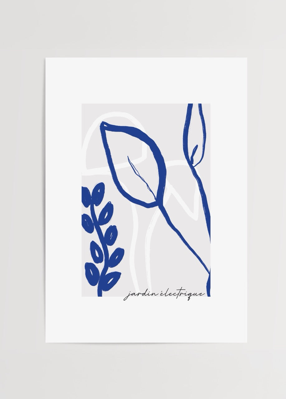 Electric Garden Serenity Art Print featuring bold blue botanical shapes on a soft background.