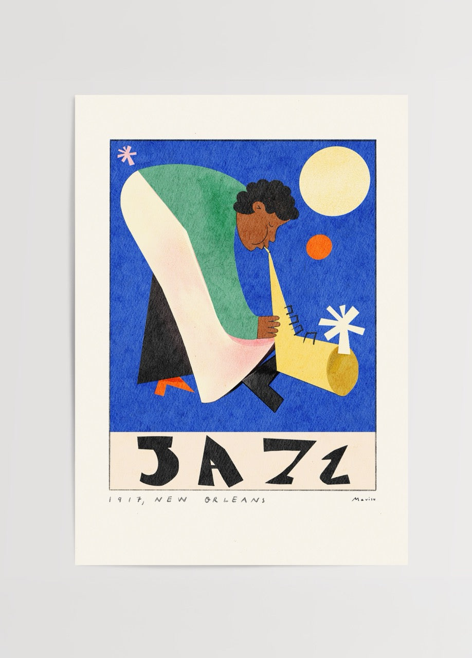 Vibrant jazz poster featuring a musician playing a saxophone in bold colors.