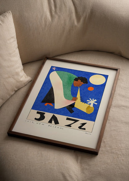 Vibrant jazz poster featuring a musician playing a saxophone in bold colors.