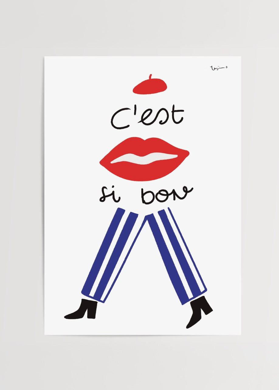 A playful print featuring bold lips and striped pants with vibrant colors.