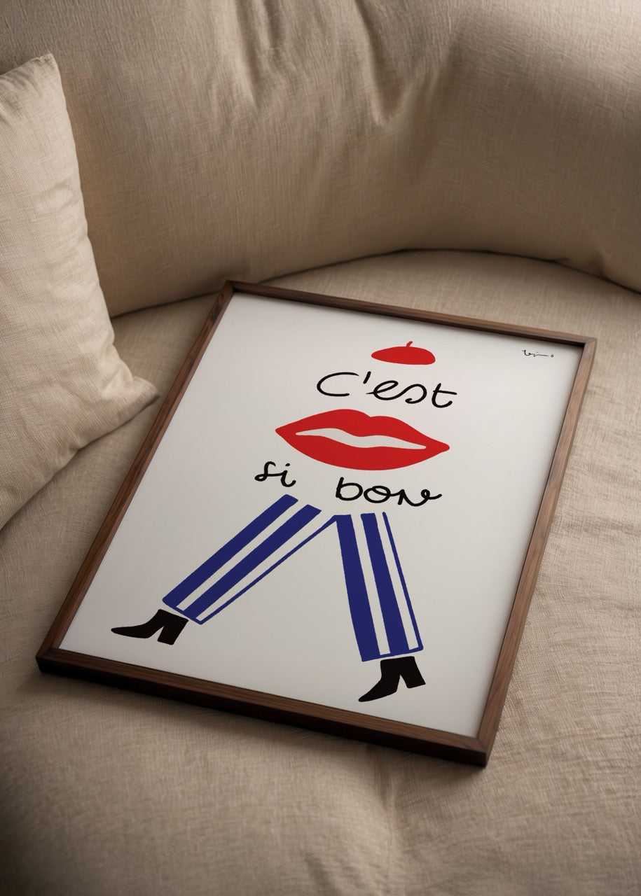 A playful print featuring bold lips and striped pants with vibrant colors.