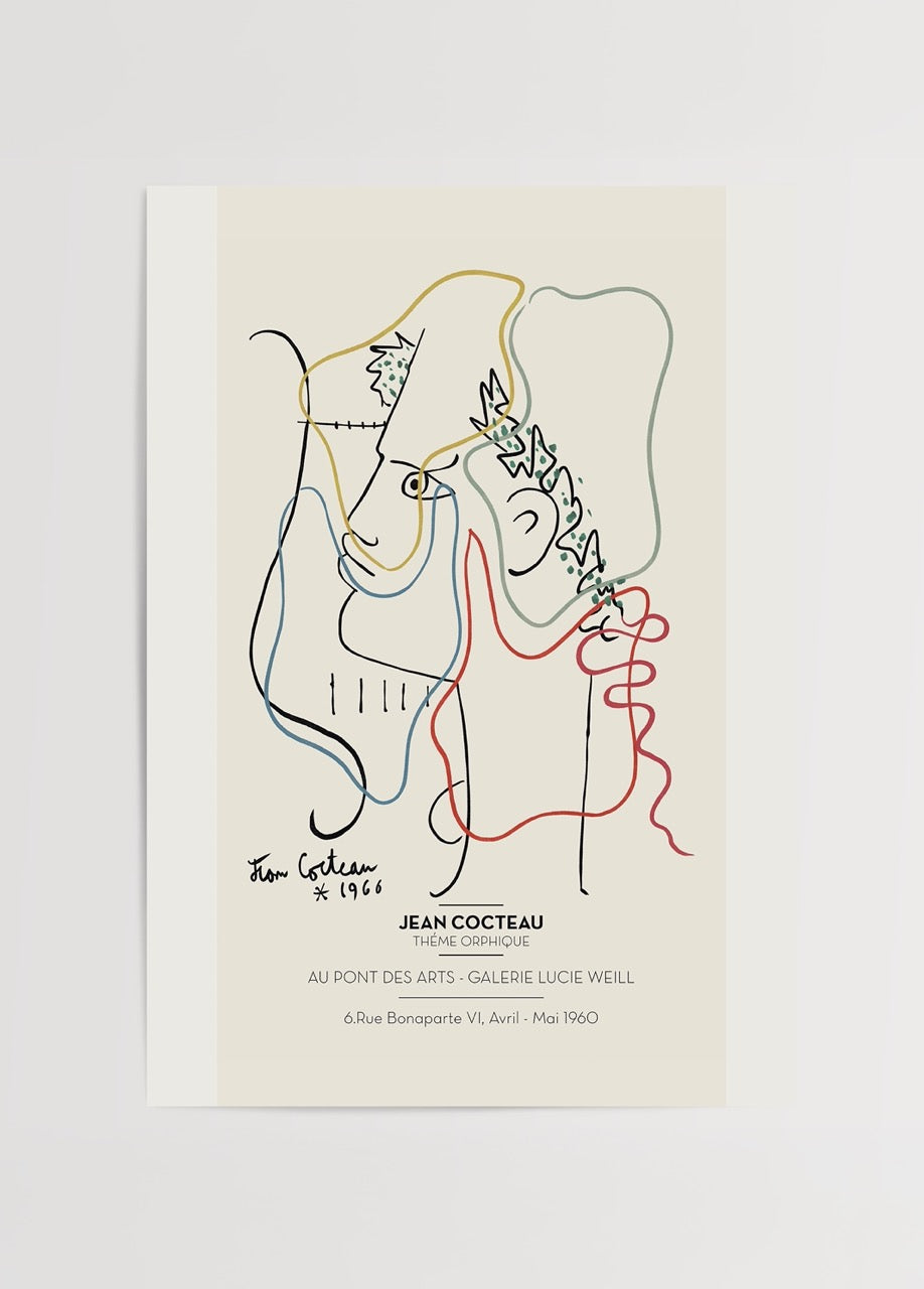 Whimsical line art print featuring abstract figures in modern style.