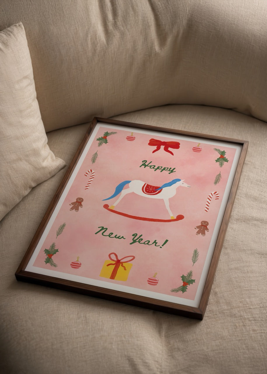 Whimsical Jingle Bell Rock poster print featuring a carousel horse and festive elements.
