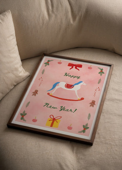Whimsical Jingle Bell Rock poster print featuring a carousel horse and festive elements.