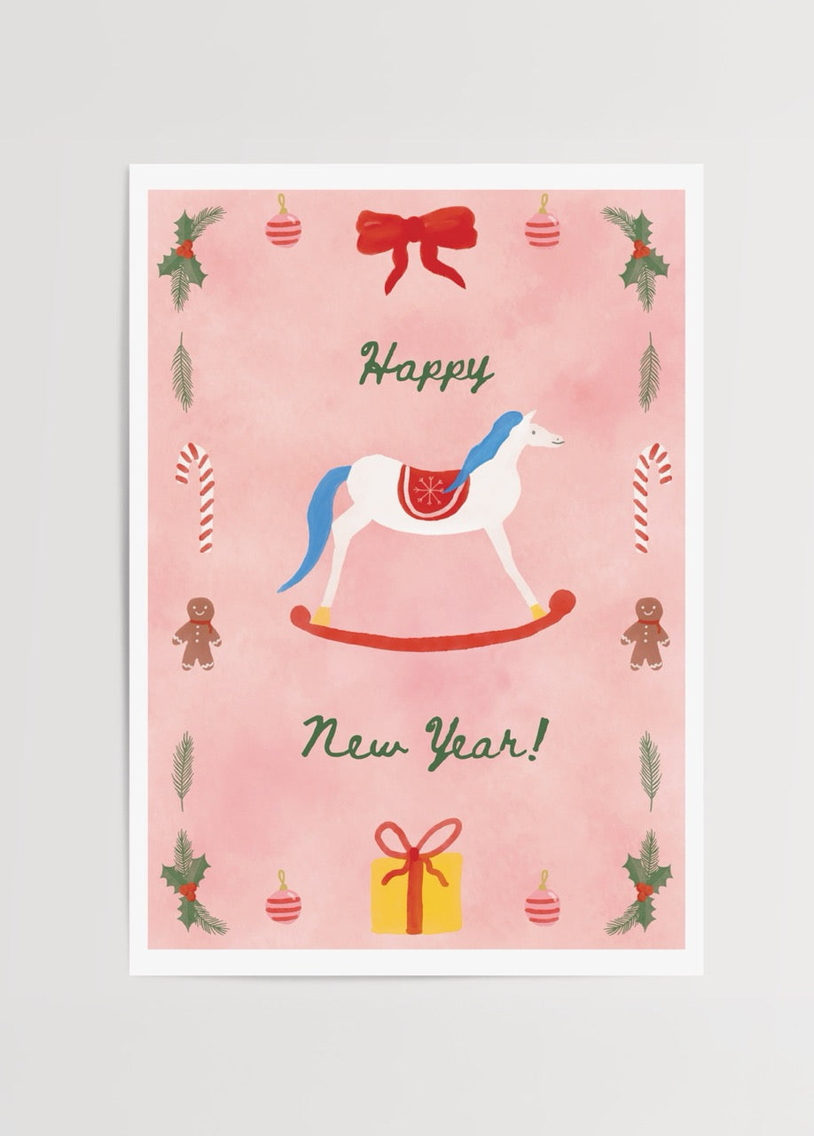 Whimsical Jingle Bell Rock poster print featuring a carousel horse and festive elements.