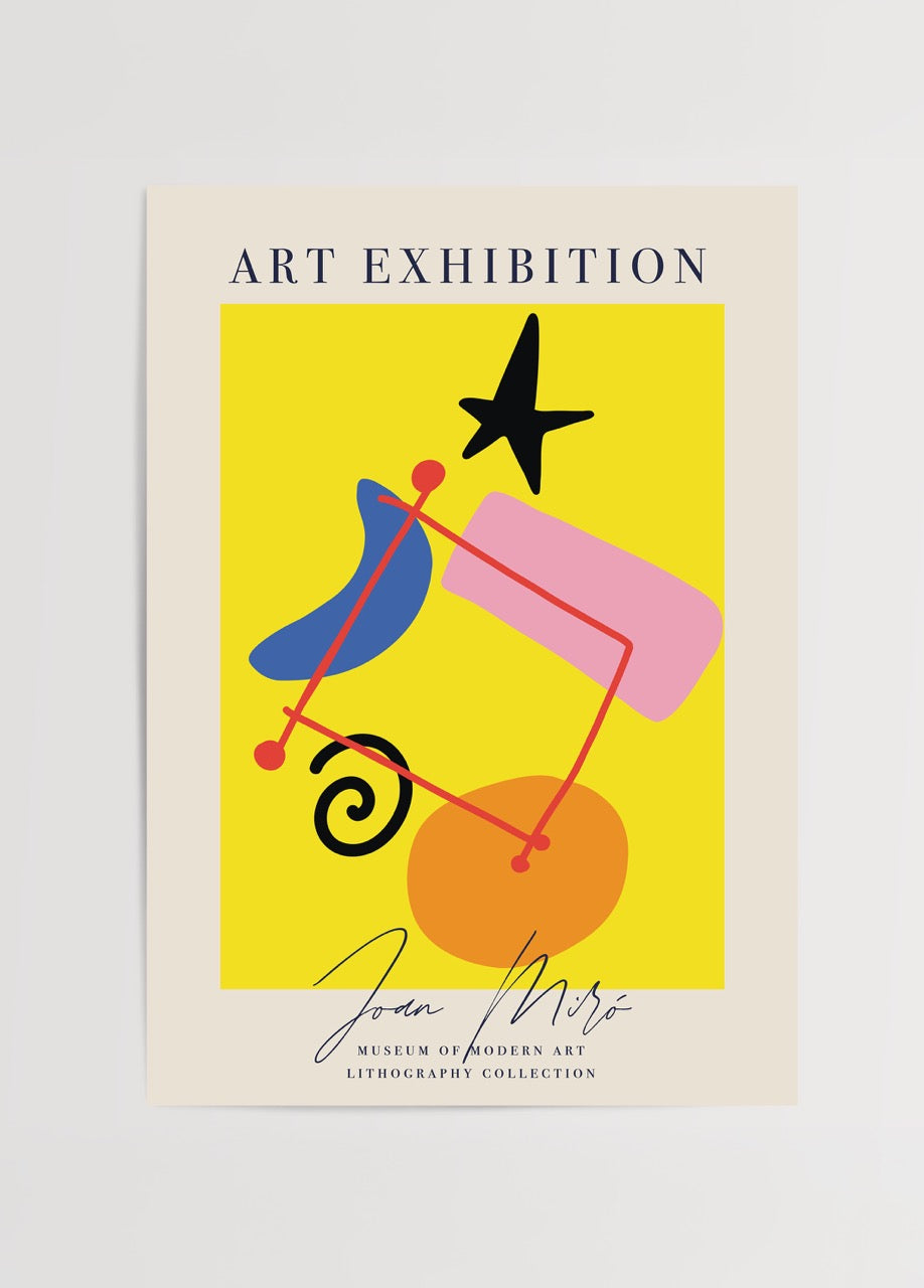 Vibrant lithography poster featuring abstract shapes in yellow, blue, and pink.