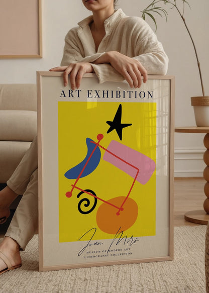 Vibrant lithography poster featuring abstract shapes in yellow, blue, and pink.