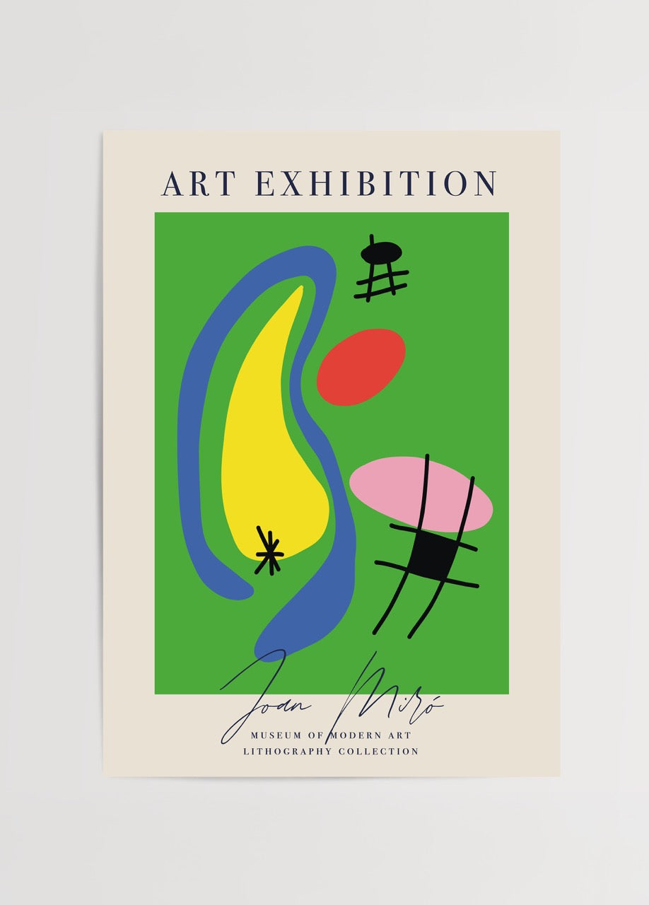 Vibrant lithography poster featuring abstract forms in green, yellow, and pink.