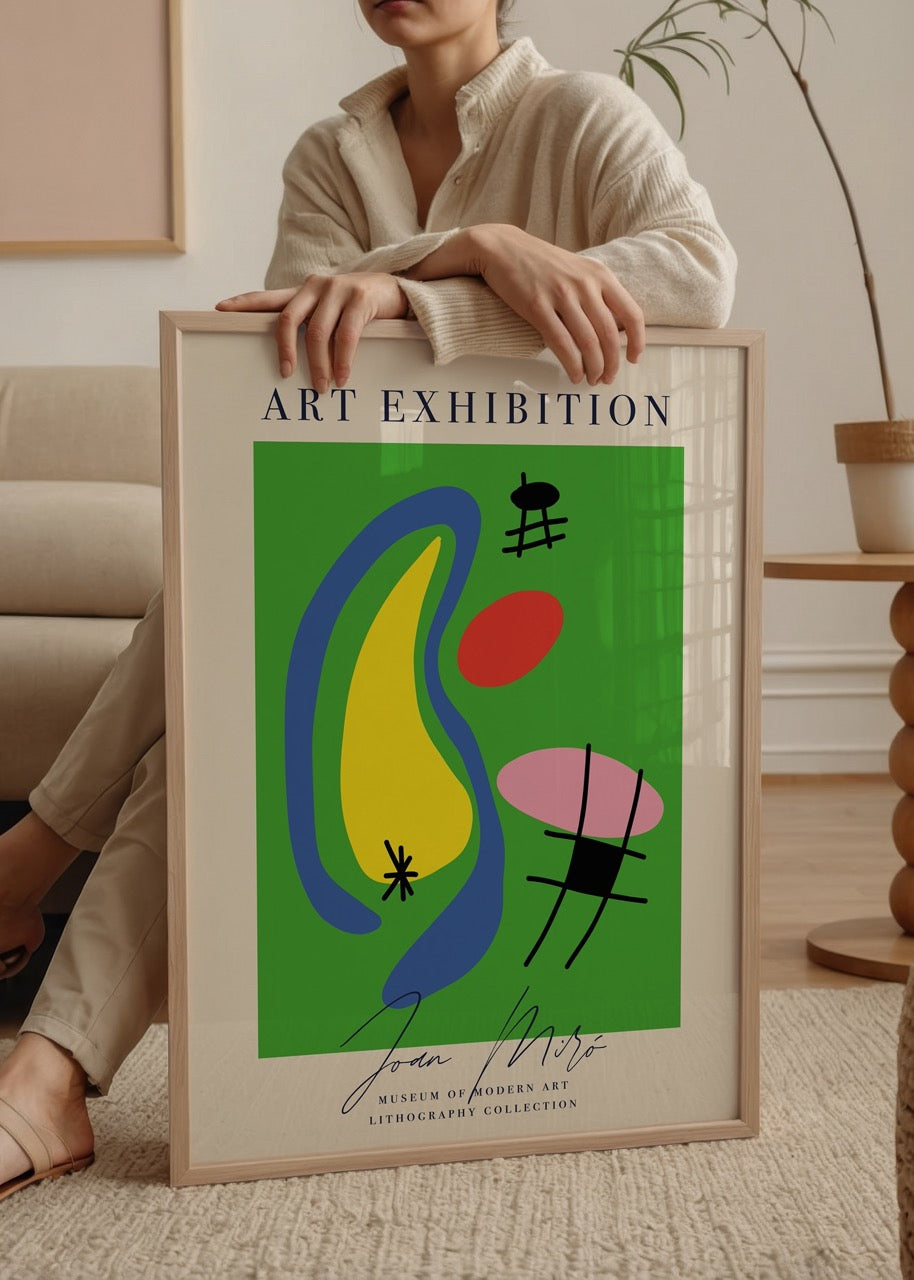 Vibrant lithography poster featuring abstract forms in green, yellow, and pink.