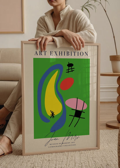 Vibrant lithography poster featuring abstract forms in green, yellow, and pink.