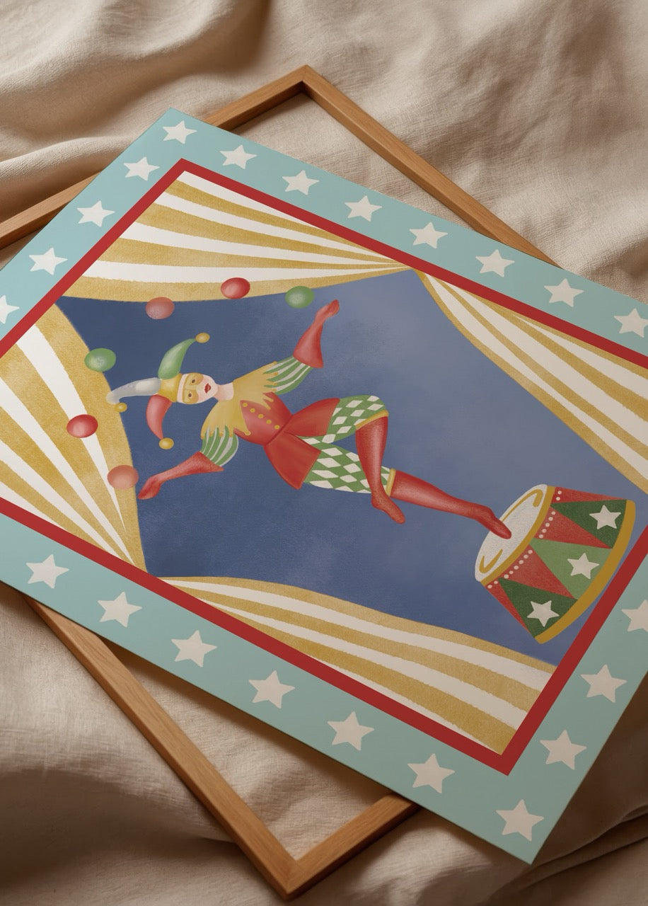 Vibrant poster of a jolly juggler performing with colorful balls.