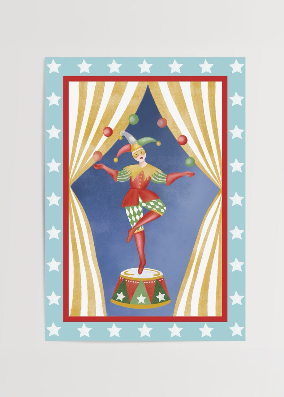 Vibrant poster of a jolly juggler performing with colorful balls.
