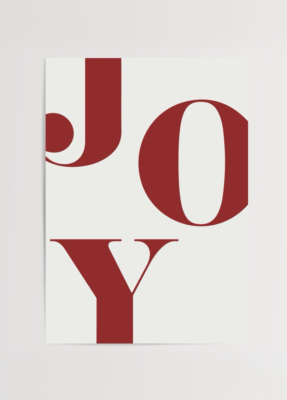 Joyful typography art print featuring bold letters in red.