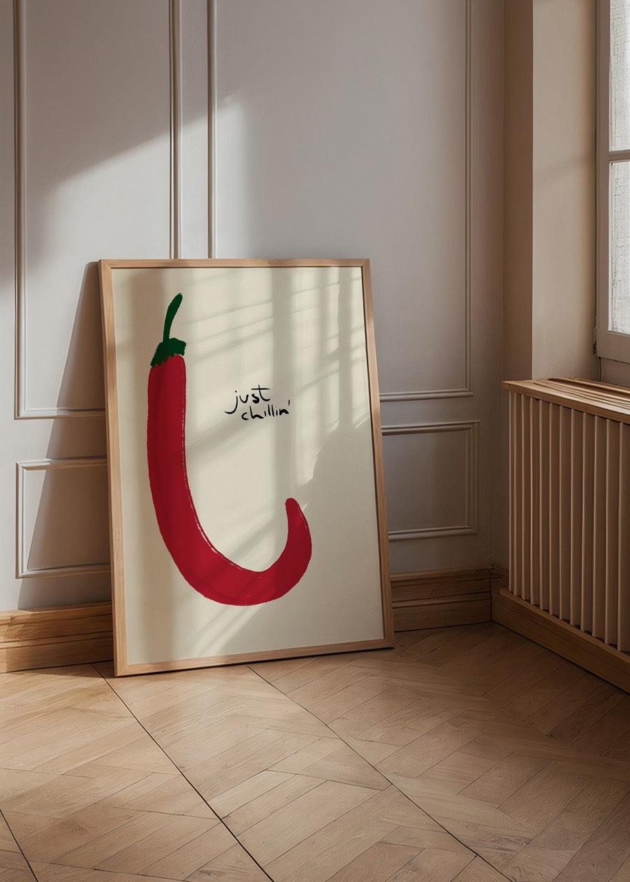 Red chili pepper illustration with minimalist design for vibrant wall art.
