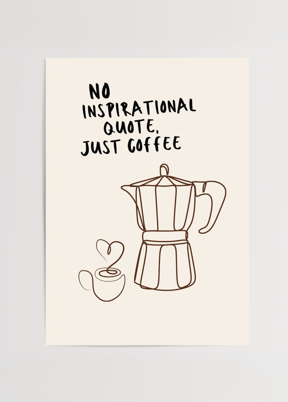 Minimalist poster of a coffee pot and cup with the text &