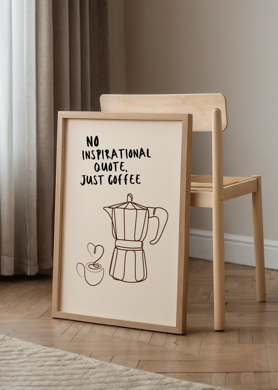 Minimalist poster of a coffee pot and cup with the text &