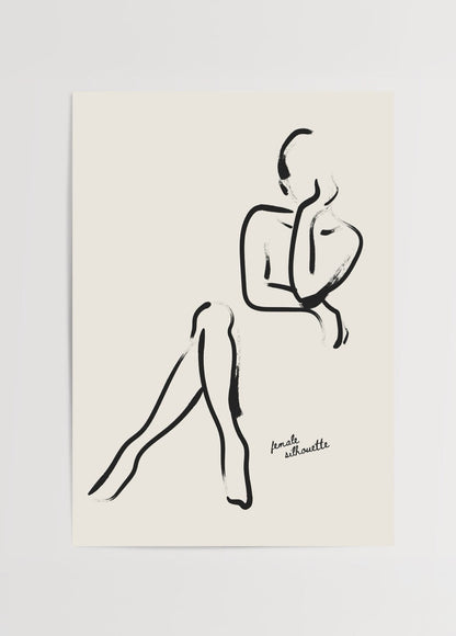 Elegant Female Silhouette Art Print featuring minimalist black lines on a light background.