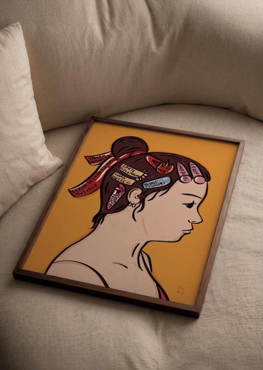 Illustrated poster print of a profile with hair ribbons, vibrant orange background.