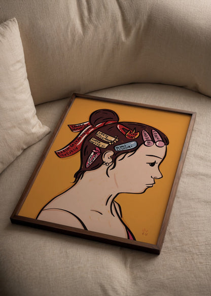Illustrated poster print of a profile with hair ribbons, vibrant orange background.