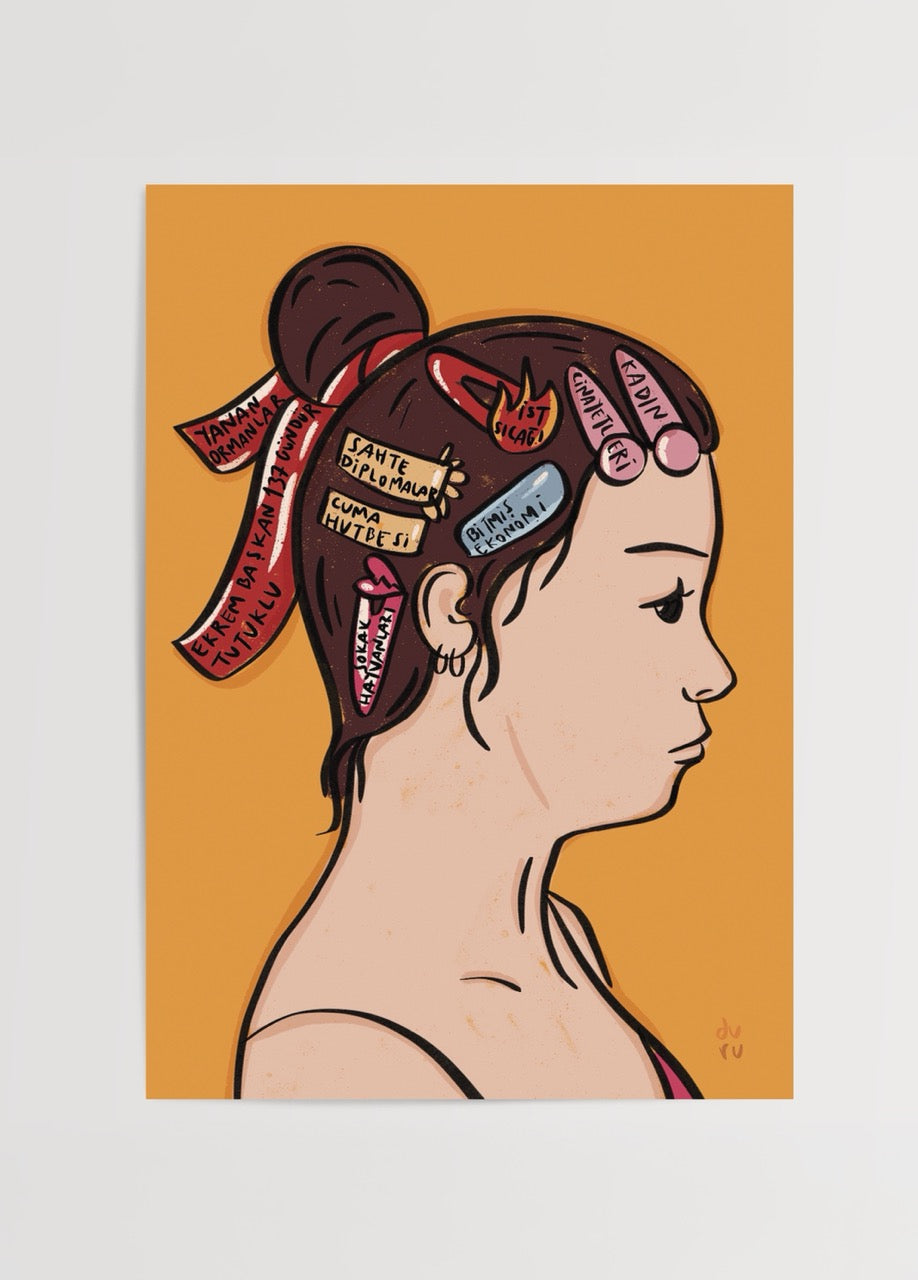 Illustrated poster print of a profile with hair ribbons, vibrant orange background.