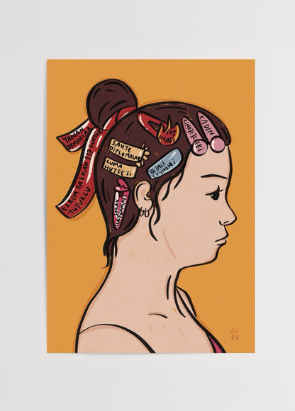 Illustrated poster print of a profile with hair ribbons, vibrant orange background.