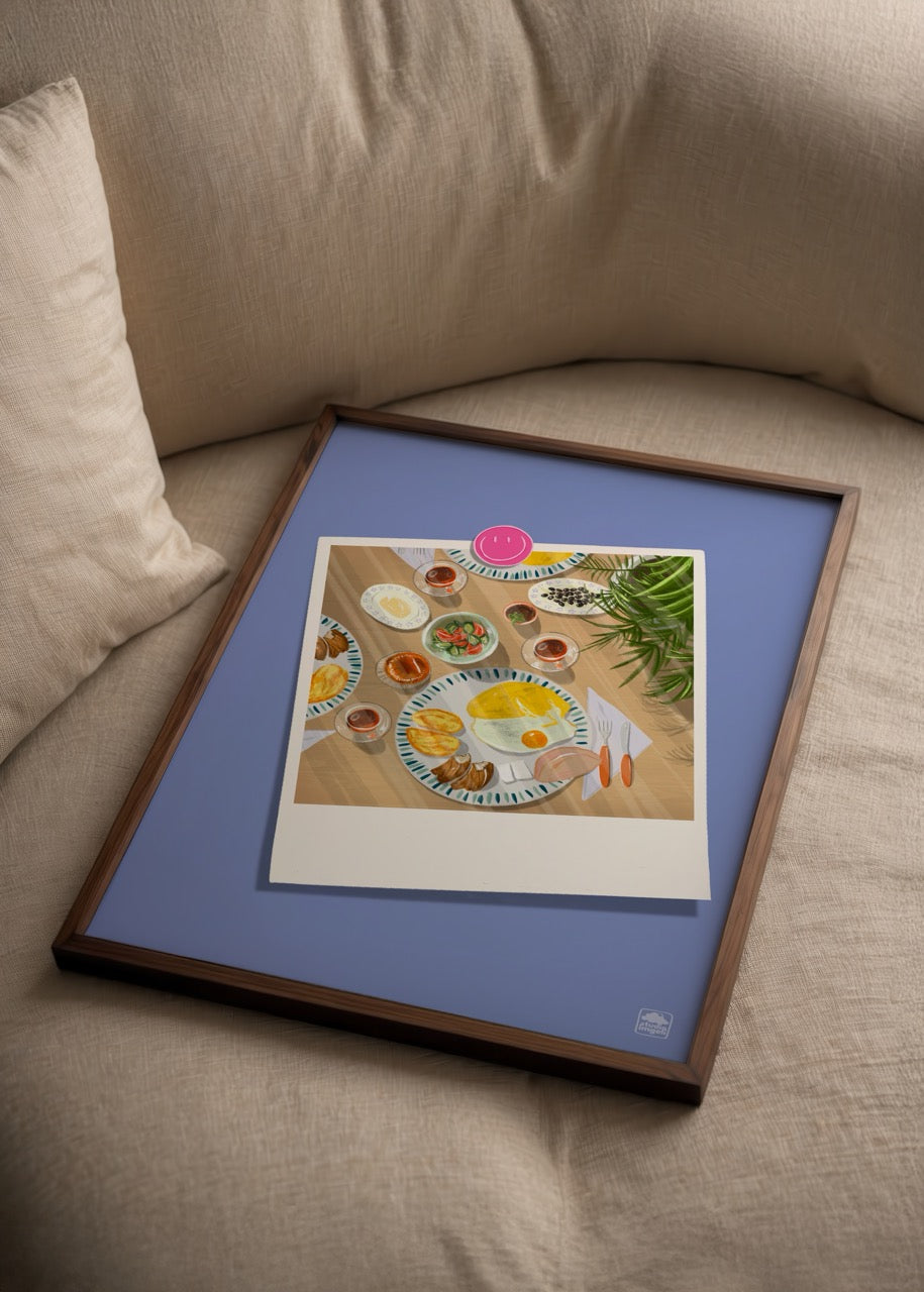Vibrant breakfast spread on a polaroid print, ideal for wall art.