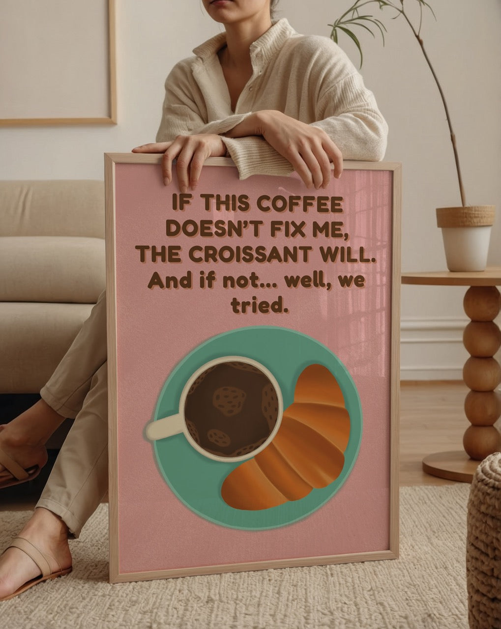 A whimsical coffee and croissant illustration with playful text.