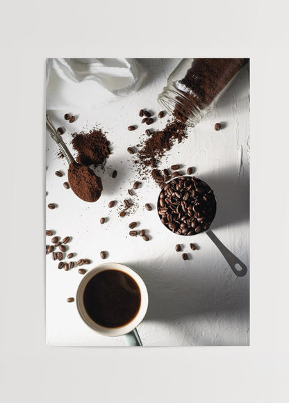 Artistic print depicting coffee preparation with beans and cup.