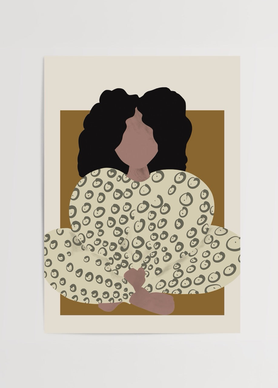 Chic art print featuring a female figure with a patterned outfit and brown background.