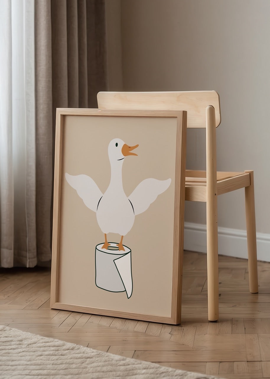 Whimsical duck illustration on a toilet paper roll for bathroom decor.