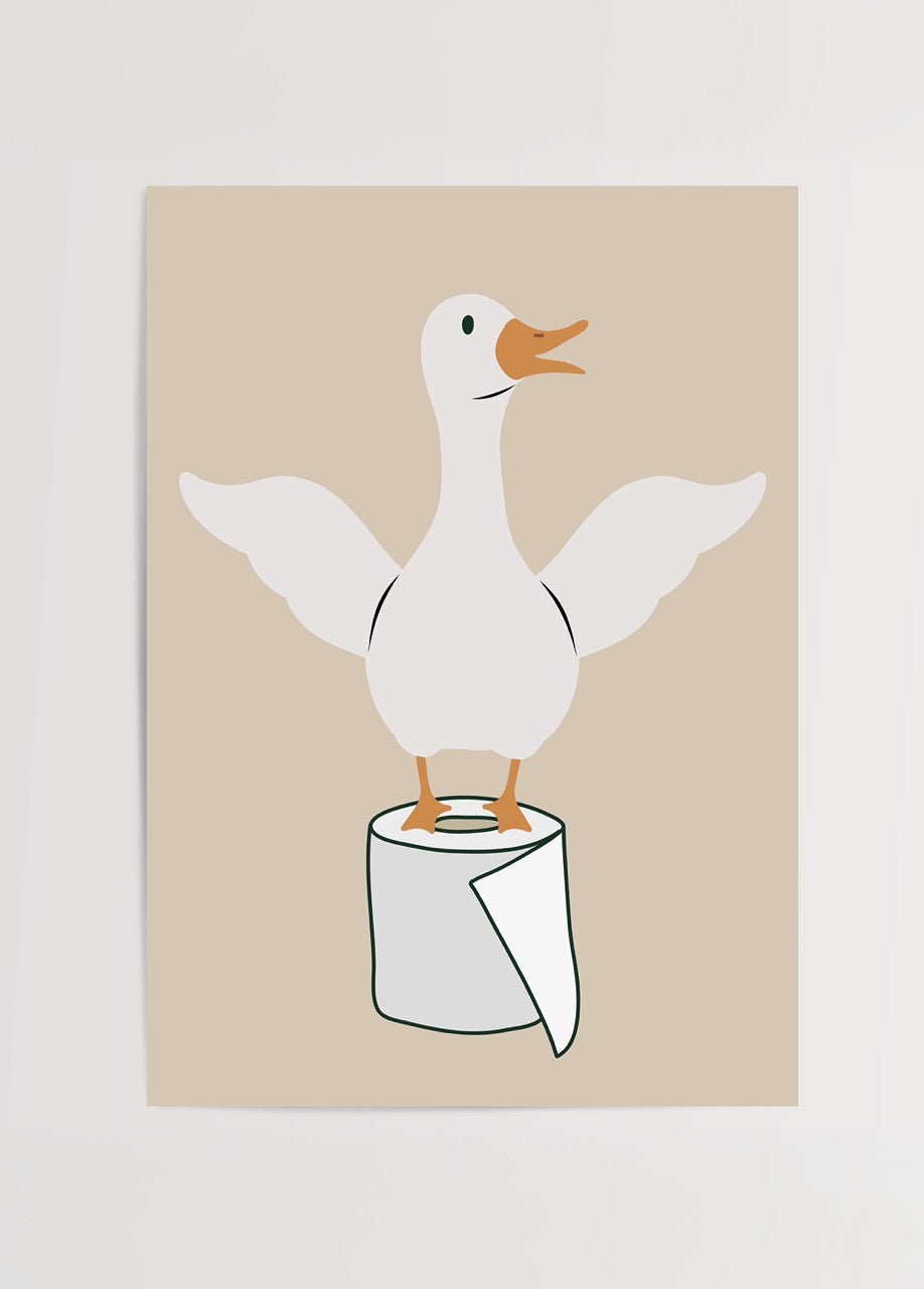 Whimsical duck illustration on a toilet paper roll for bathroom decor.