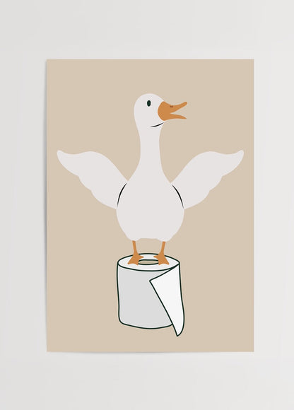 Whimsical duck illustration on a toilet paper roll for bathroom decor.