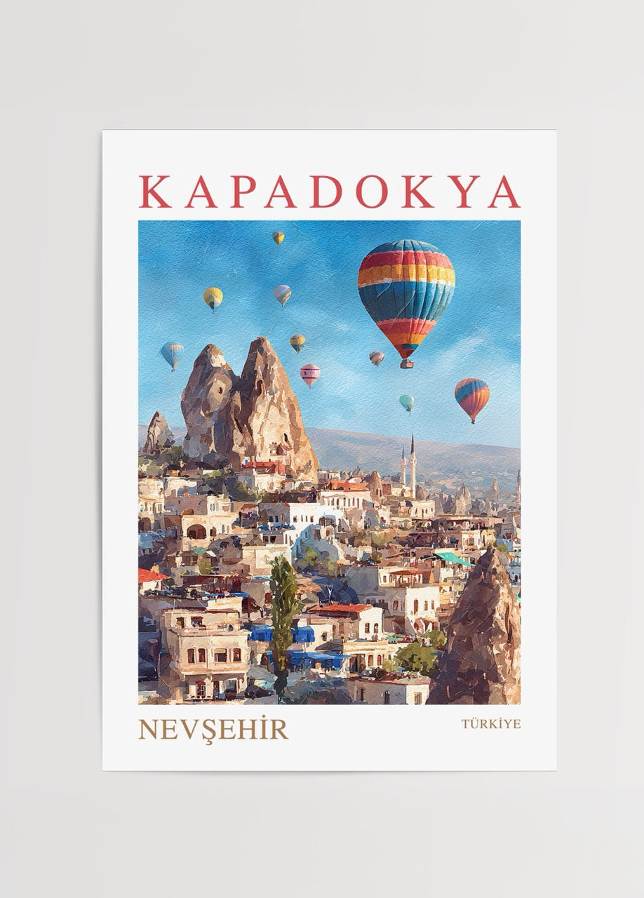Vibrant Cappadocia landscape poster featuring hot air balloons and rock formations.