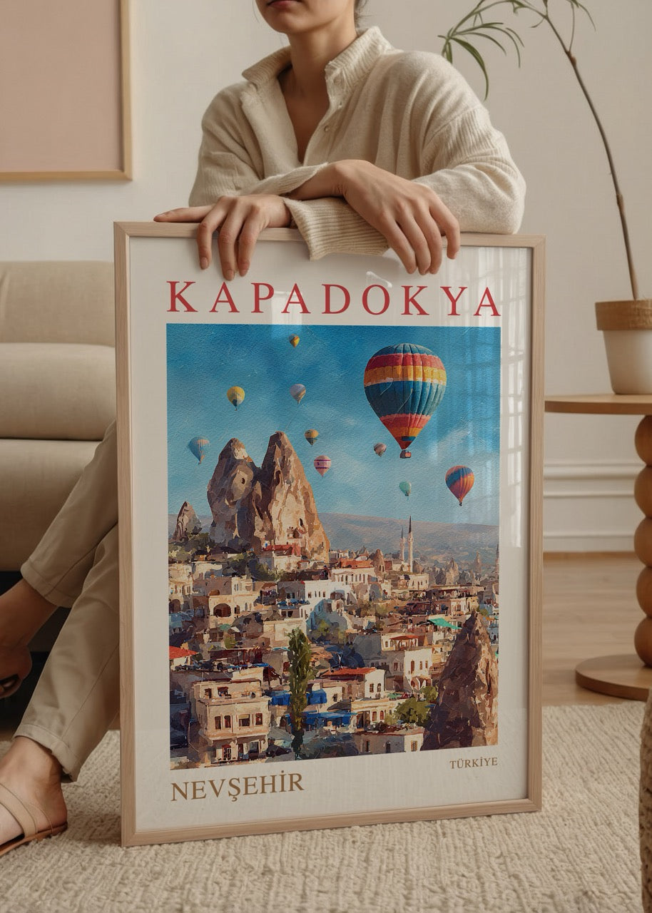 Vibrant Cappadocia landscape poster featuring hot air balloons and rock formations.