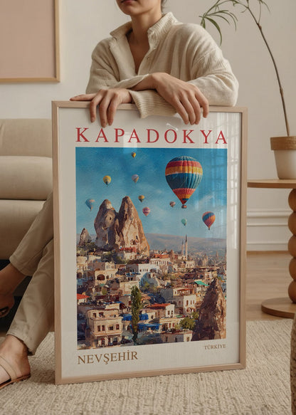 Vibrant Cappadocia landscape poster featuring hot air balloons and rock formations.