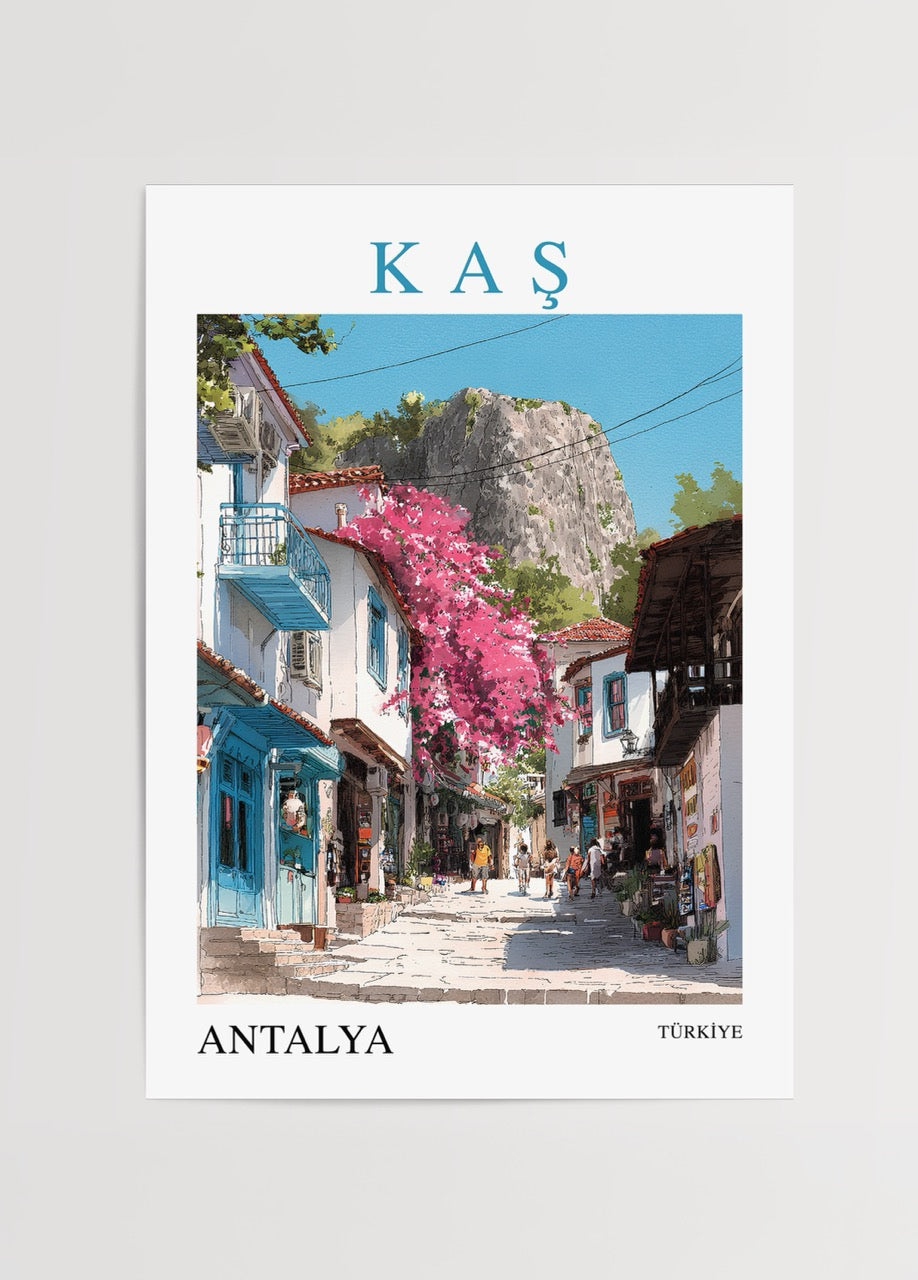 A vibrant poster of Kaş, Antalya showcasing picturesque streets and blooming flowers.