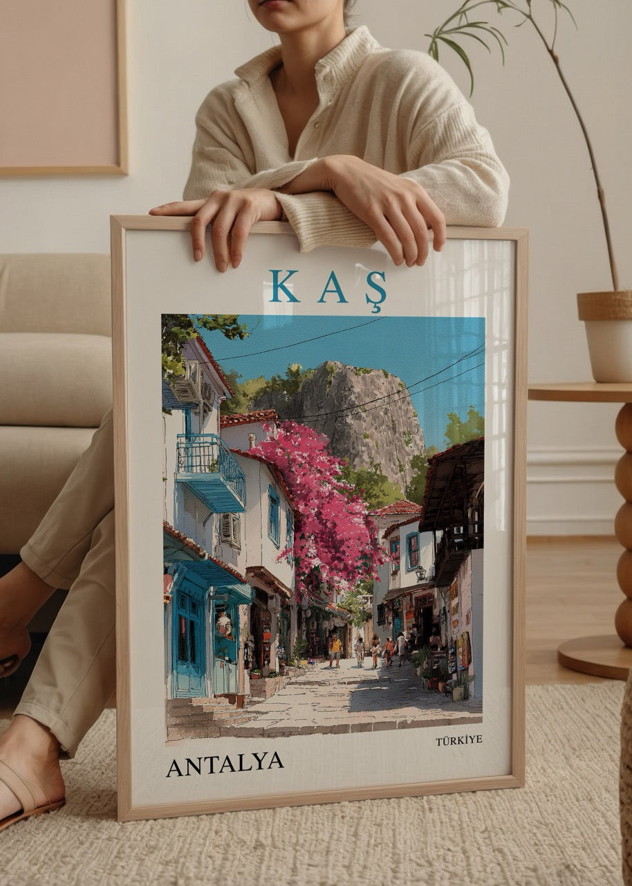 A vibrant poster of Kaş, Antalya showcasing picturesque streets and blooming flowers.