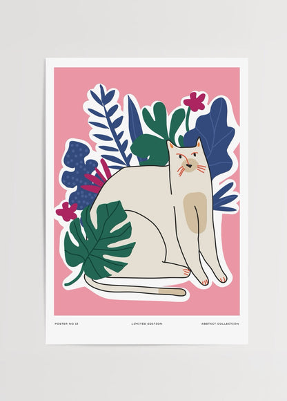 Art print featuring a whimsical cat amid colorful foliage on a pink background.