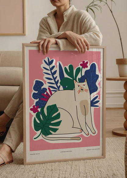 Art print featuring a whimsical cat amid colorful foliage on a pink background.