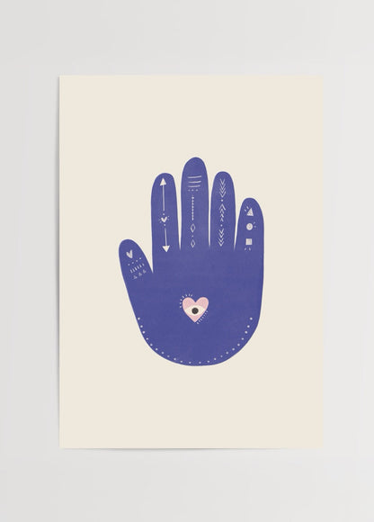 Stylised hand illustration with patterns and a heart on a beige background.