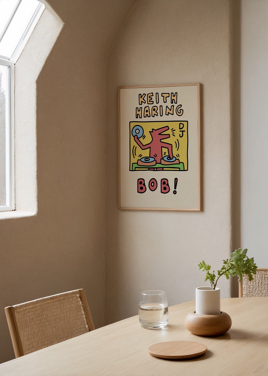 Vibrant wall art featuring a playful DJ character with bold colours.