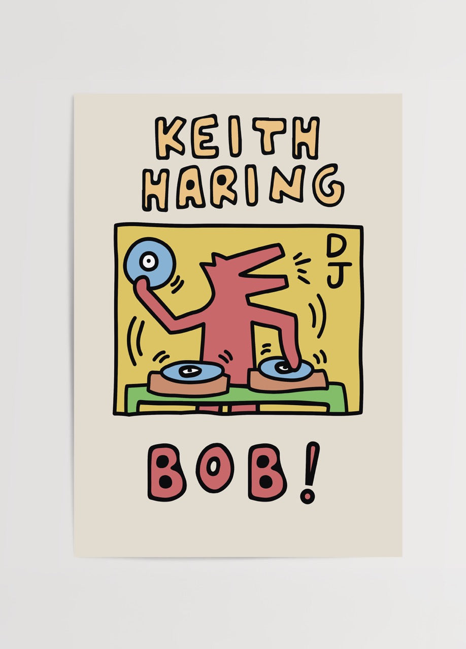 Vibrant wall art featuring a playful DJ character with bold colours.