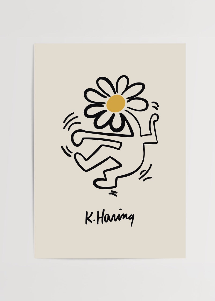 Art print of a dancing figure with a flower head against a beige background.