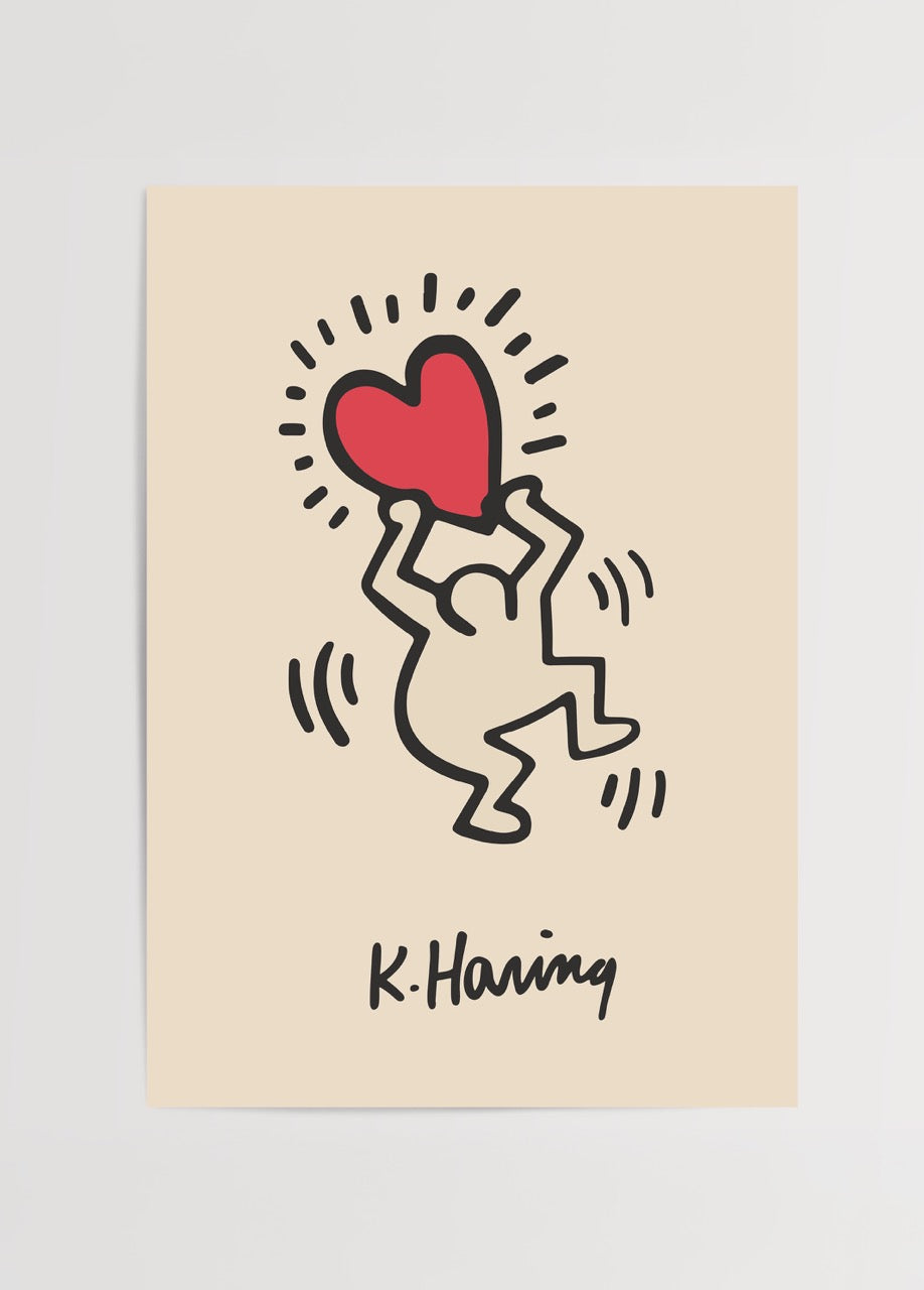 A vibrant poster featuring a playful figure holding a red heart on a beige background.