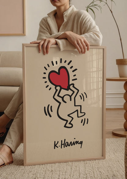 A vibrant poster featuring a playful figure holding a red heart on a beige background.