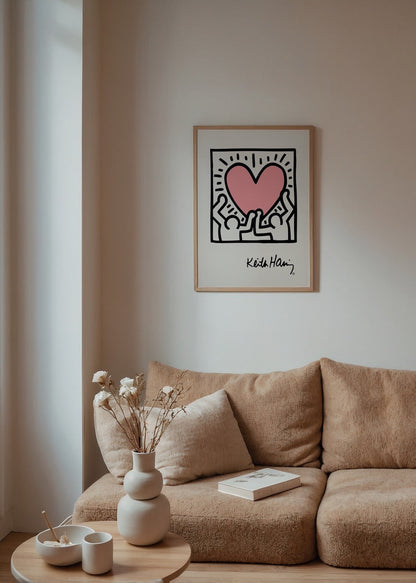 An illustrative wall art featuring a pink heart held by two figures, radiating positivity.