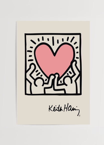 An illustrative wall art featuring a pink heart held by two figures, radiating positivity.
