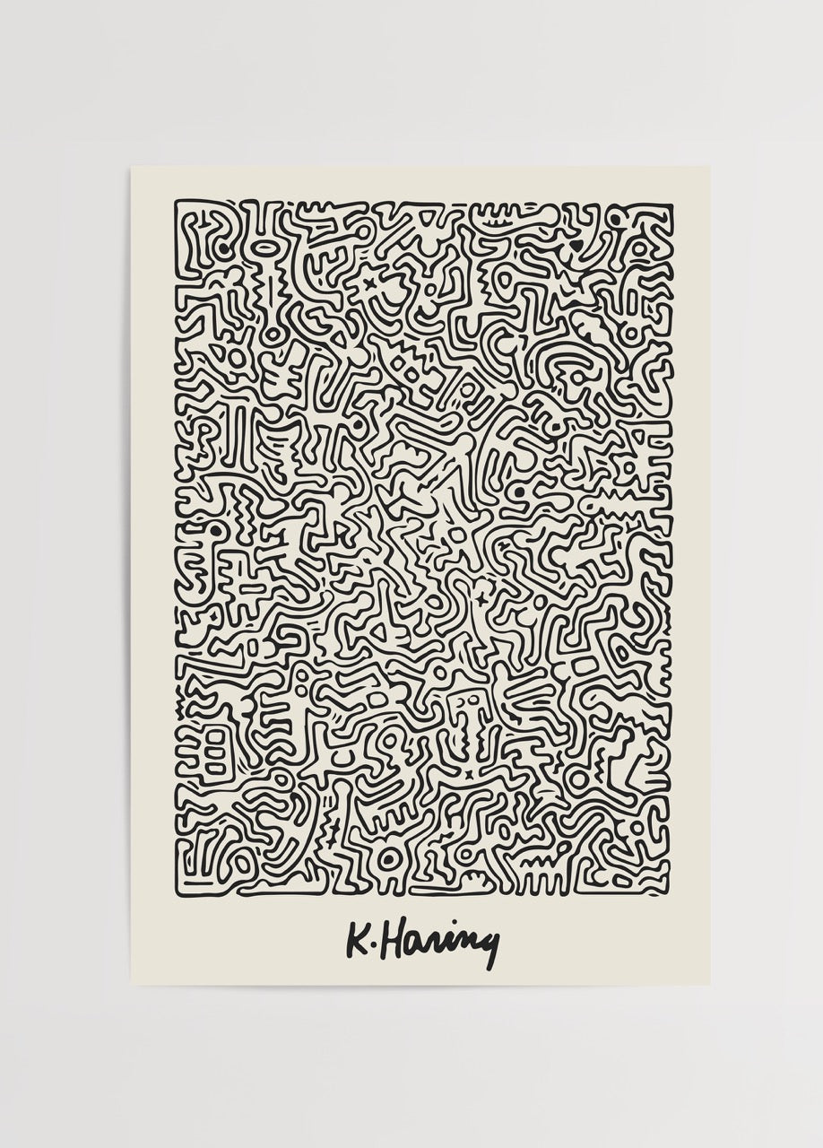 An abstract expressionist poster featuring dynamic black lines on a white background.