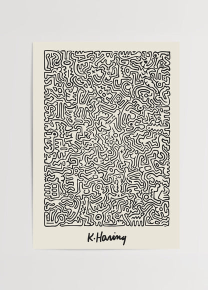 An abstract expressionist poster featuring dynamic black lines on a white background.